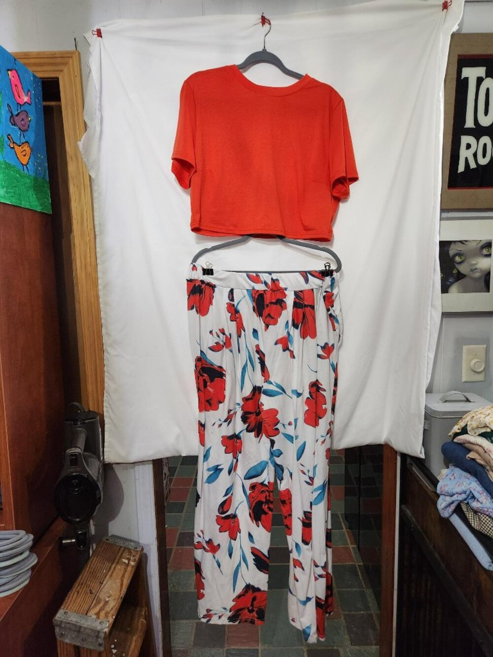 Women’s 3XL Coral Wide Leg Lounge Set Crop Top & Palazzo Pants 2 Piece Outfit